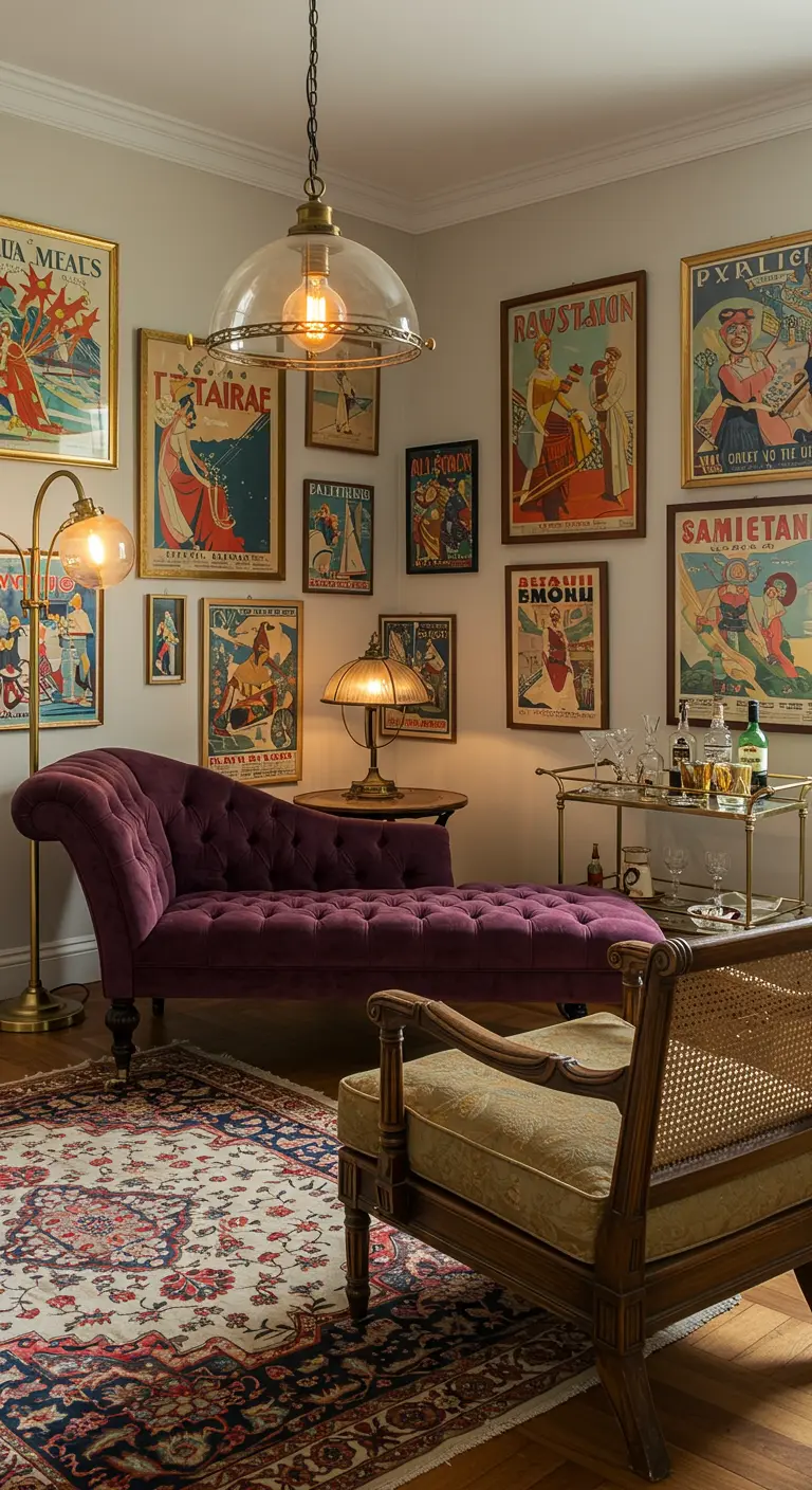 Woonkamer met vintage Art Deco affiches, paarse fluwelen chaise longue en messing barcart.