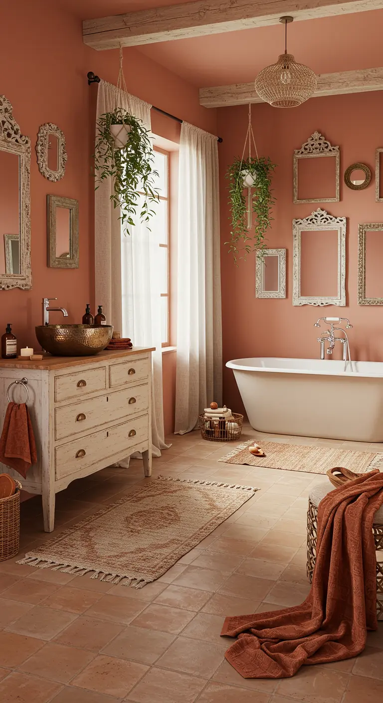 Badkamer met terracotta muren, witte distressed wastafel, collectie vintage spiegels.