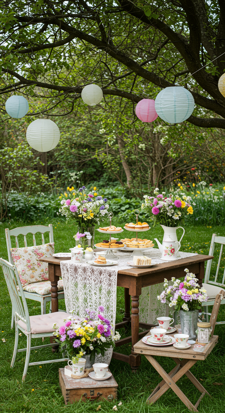 Vintage boho tuinfeest met oude tafel, bloemenservies en pastel lampionnen.