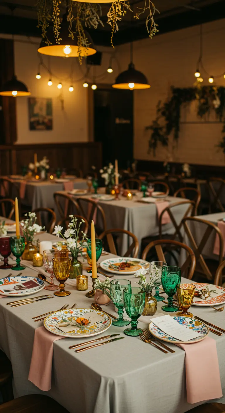 Gedekte tafel met verschillende kleuren vintage glaswerk, kaarsen en patroonborden