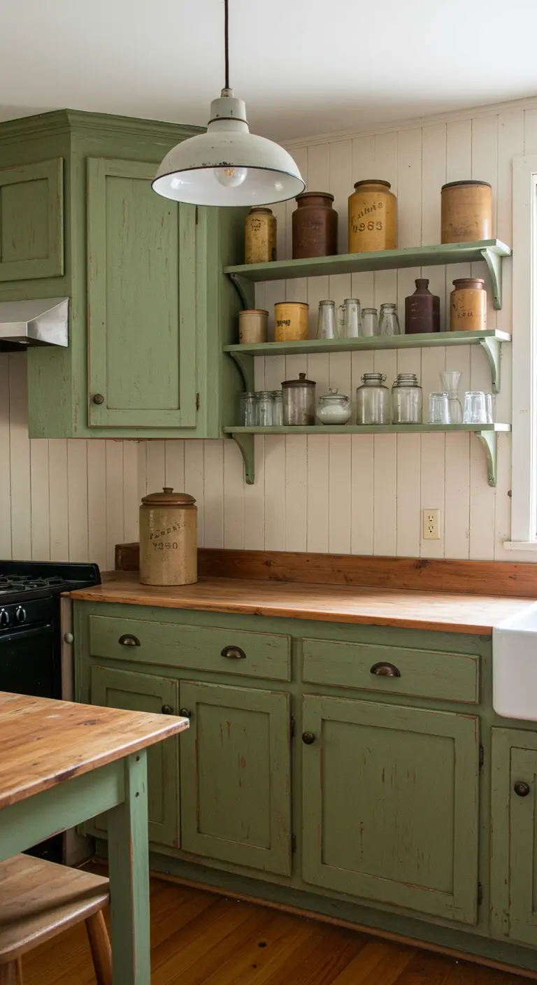 Vintage keuken met gedempte groene kasten, houten werkblad en open planken.