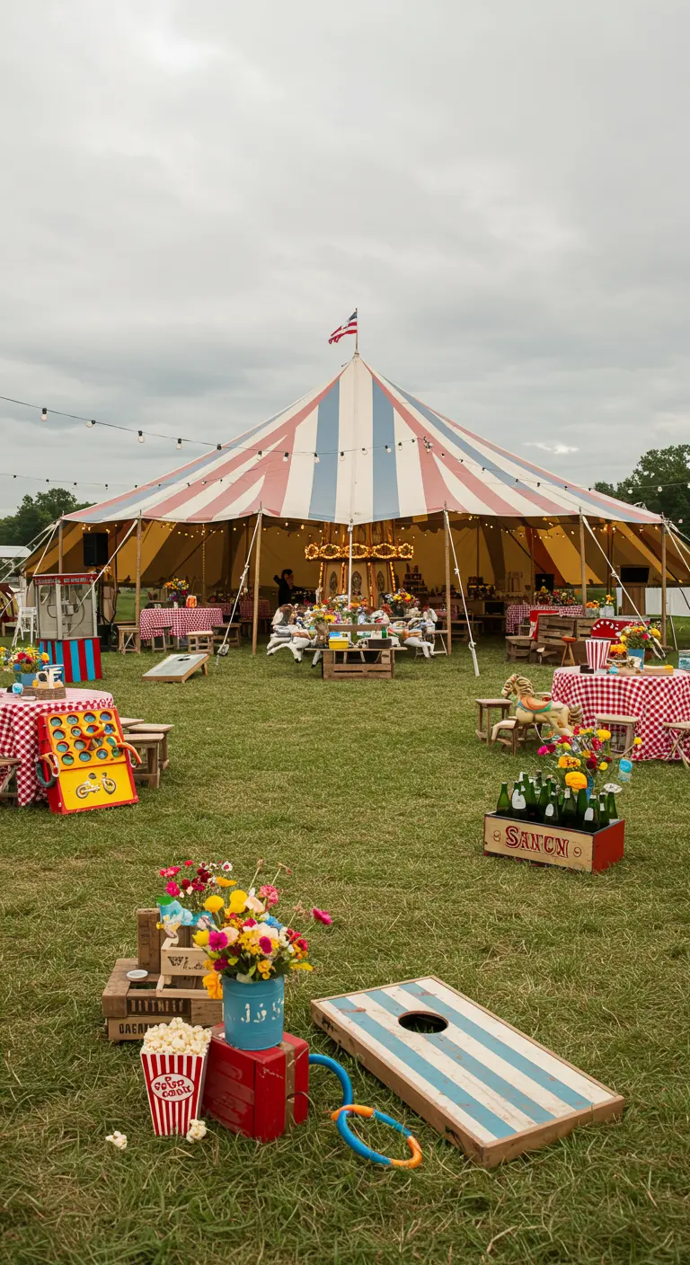 Buitenbruiloft met kermisthema, gestreepte tent, spelletjes en kleurrijke bloemen.