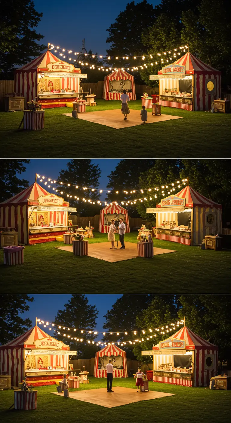 Buiten bruiloftsfeest met vintage kermis thema, tentjes en lichtslingers.