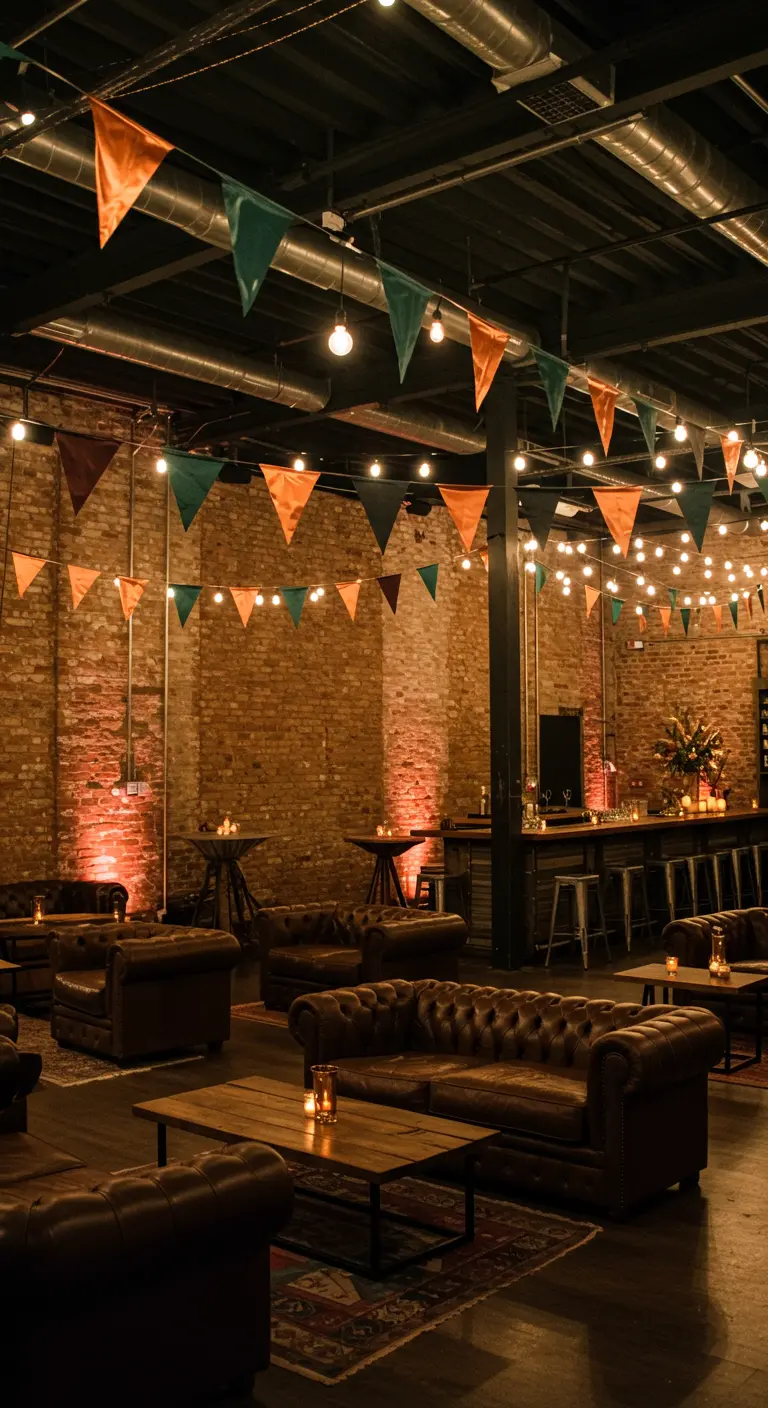 Industriële evenementenhal met kleurrijke puntvlaggen en veel string lights.