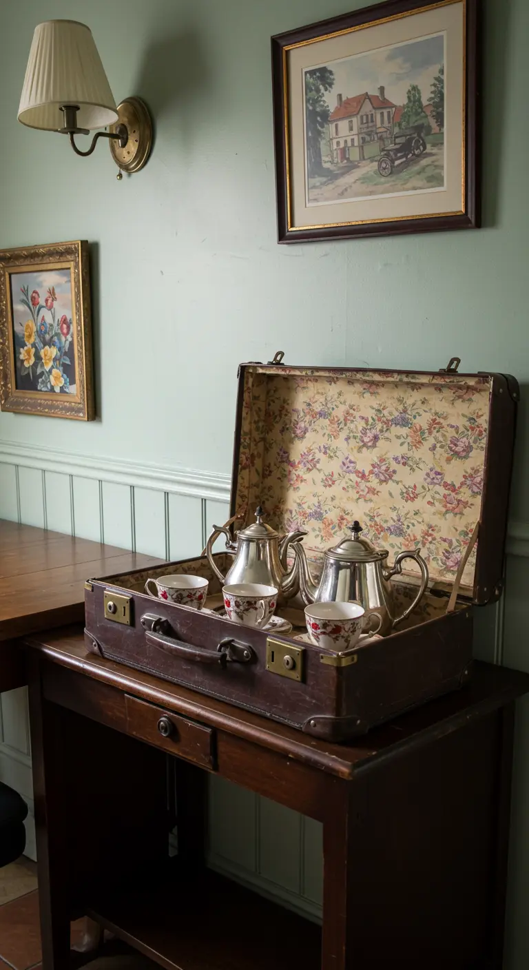 Open vintage koffer met bloemenprint voering, waarin een zilveren theeservies staat.