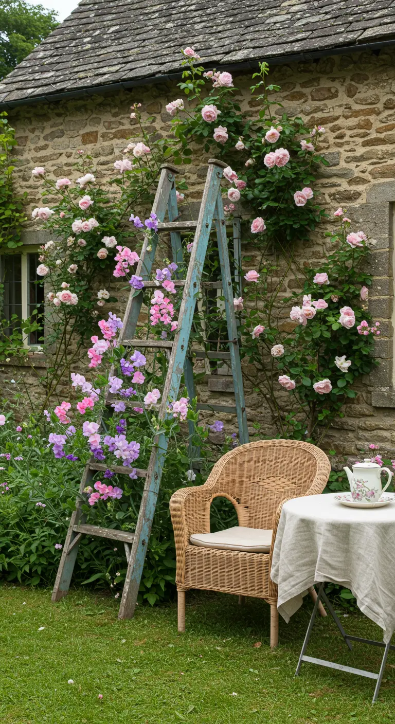 Oude blauwe ladder gebruikt als plantenrek voor roze en paarse klimbloemen.
