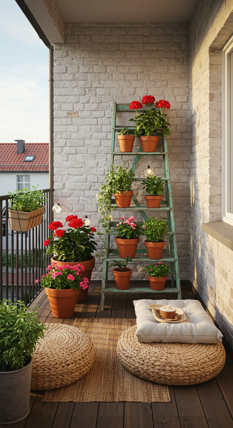 Balkon met blauwe houten ladder als plantenrek, rode geraniums, rieten poefs en lichtsnoer.