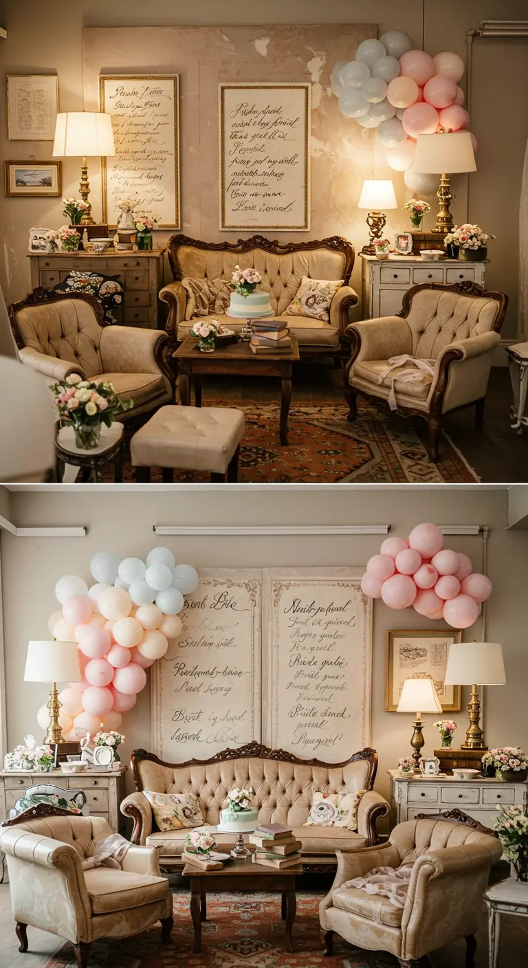 Vintage stijl babyshower in woonkameropstelling met pastel ballonnen.