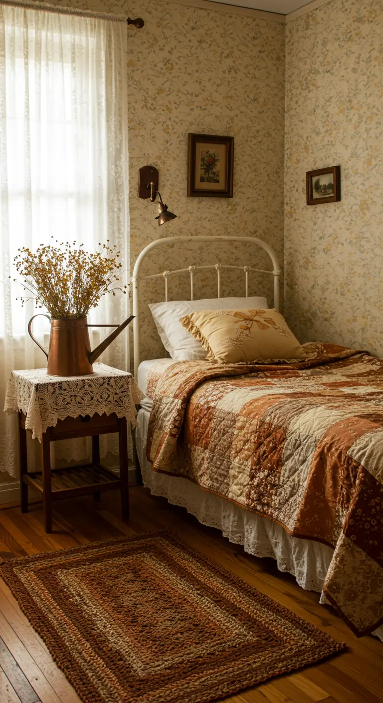 Slaapkamer met wit smeedijzeren bed, patchwork dekbed, koperen gieter en bloemenbehang.