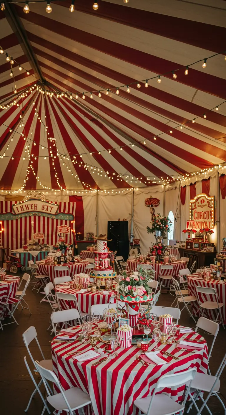 Vintage circus thema bruiloft met rood-wit gestreepte tafelkleden en circusverlichting.