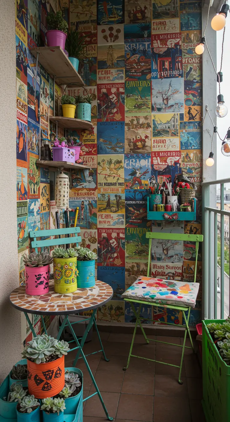 Balkon met buitenbehang van vintage posters, mintgroene bistroset en gekleurde plantenpotten.