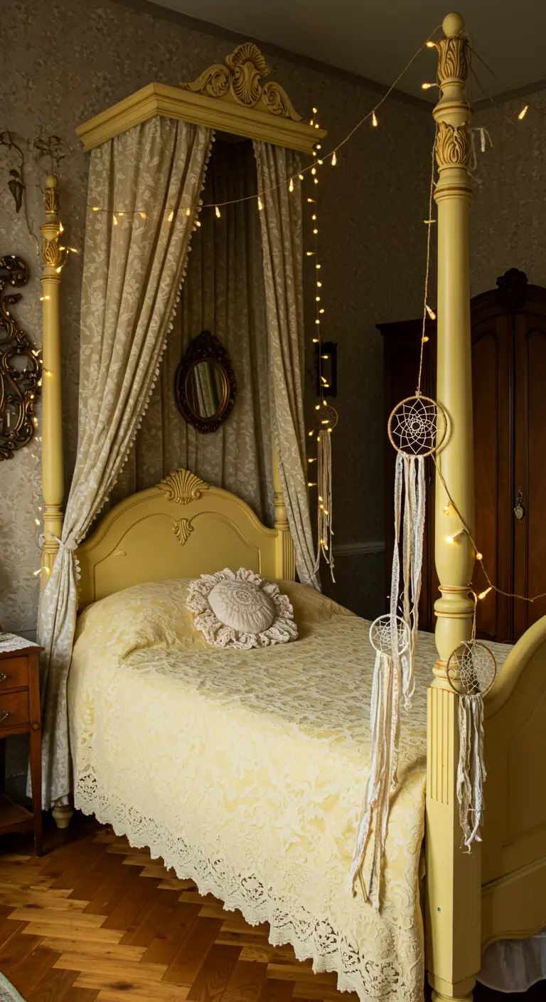 Vintage slaapkamer met geel hemelbed, veel dromenvangers en warmwitte sprookjeslampjes.