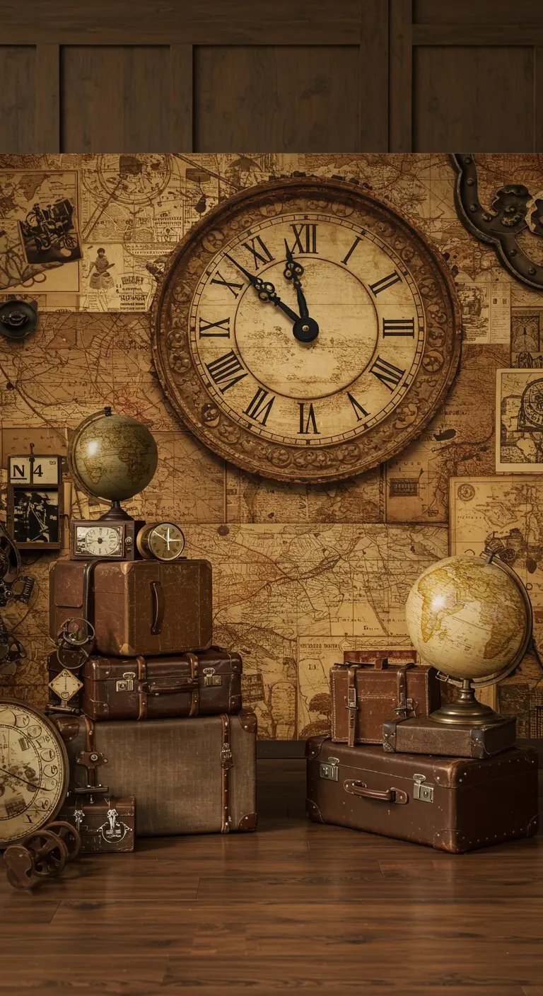 Vintage reisthema backdrop met oude wereldkaarten, koffers, globes en een grote klok.