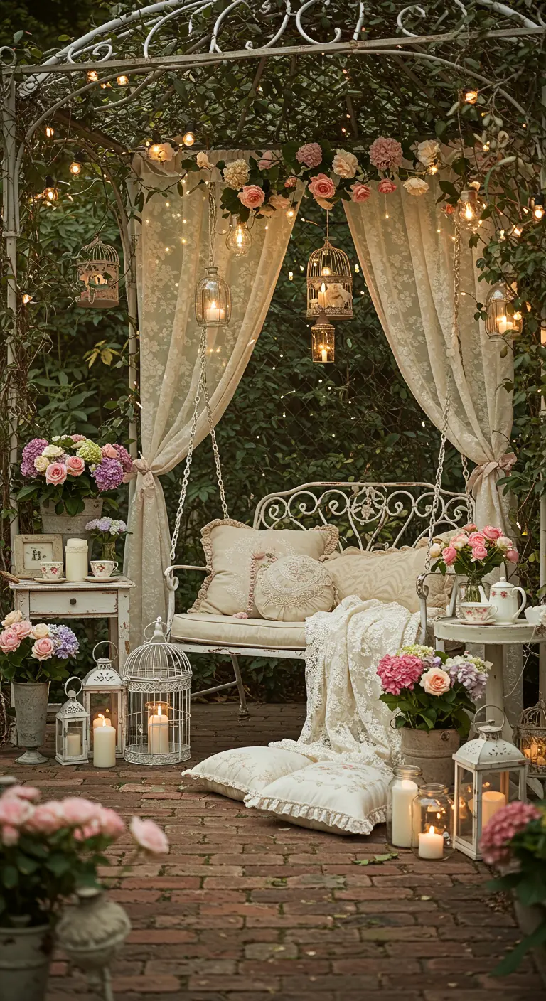 Vintage witte metalen schommelbank met kanten gordijnen, veel lichtslingers en lantaarns, omringd door bloemen in pastelkleuren in een tuinsetting.