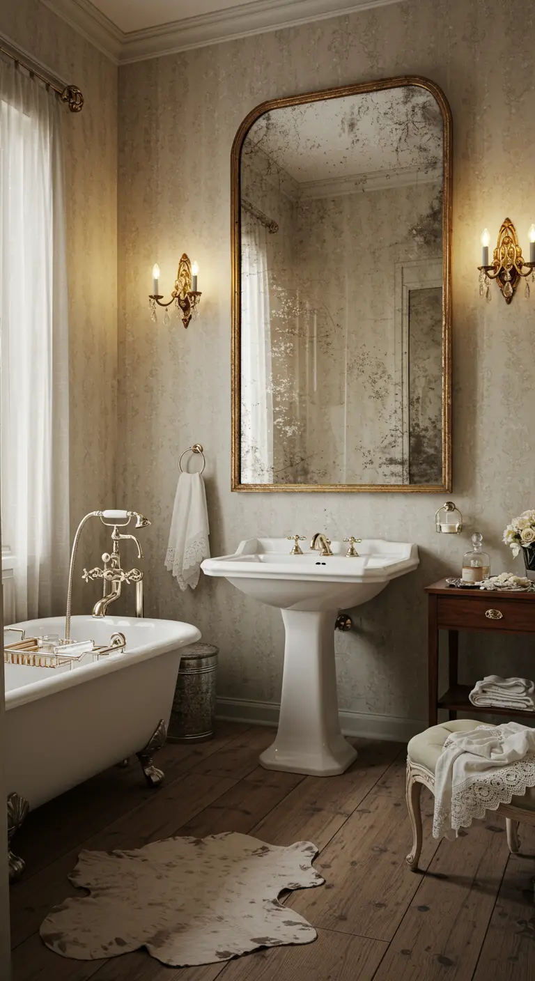 Klassieke badkamer met grote vintage spiegel met gouden lijst boven wastafel op zuil.