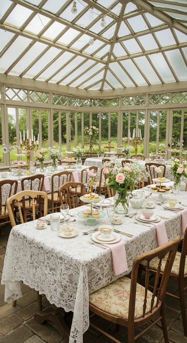 Vintage tea party receptie in een serre met kanten tafelkleden en bloemrijk servies.