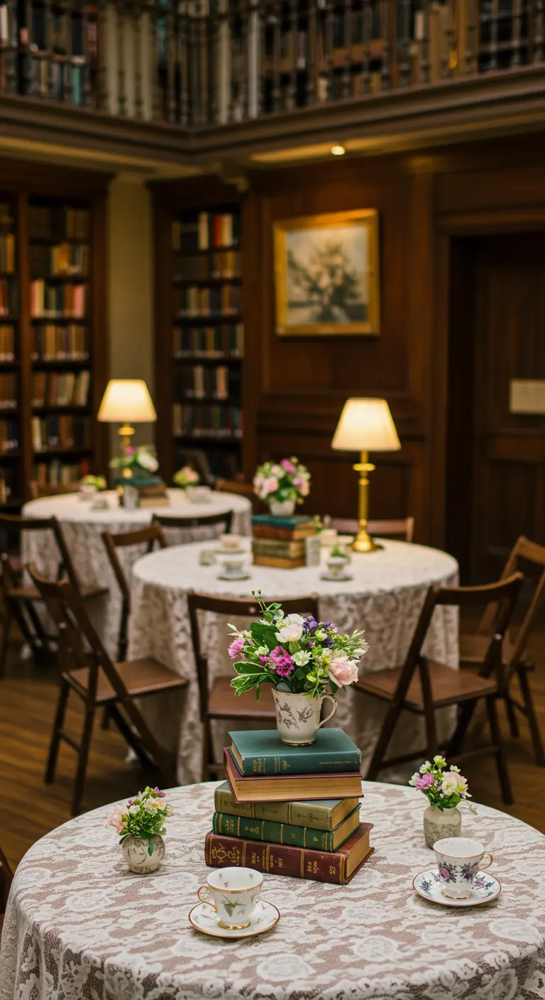 Ronde tafels in bibliotheek met kanten kleden, boeken en theeservies.