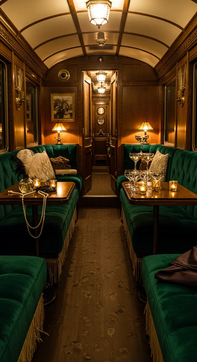 Luxe vintage treinwagon met fluwelen banken, kaarsen en champagneglazen