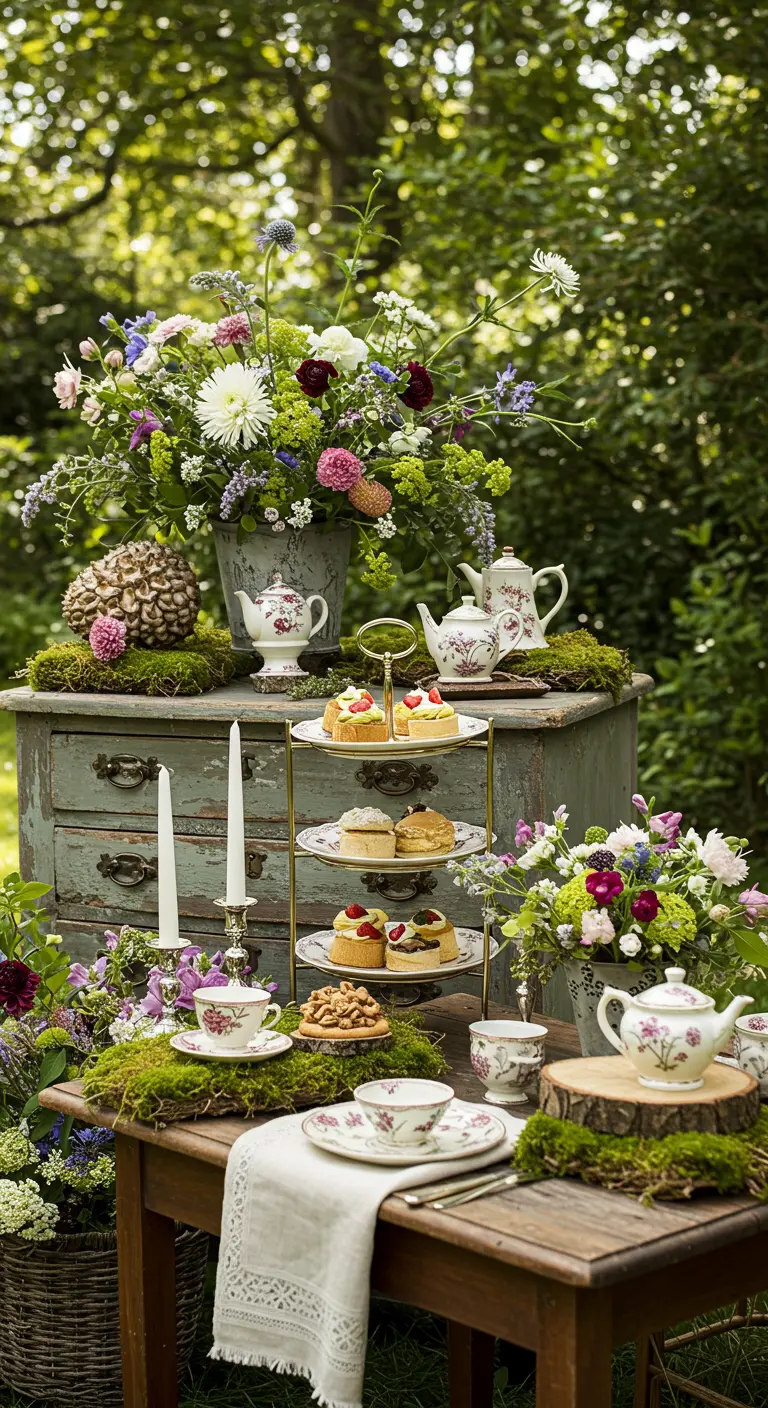 Vintage high tea setting in de tuin met een oud dressoir, mos, veldbloemen en kaarsen.