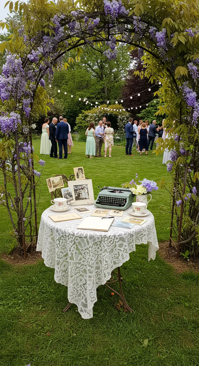 Vintage gastenboektafel in tuin met typemachine, kanten kleed en oude foto's.