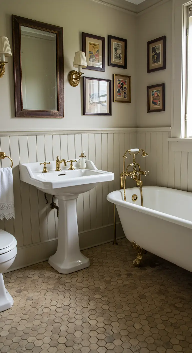 Klassieke badkamer met witte hexagon mozaïekvloer en pedestal wastafel.