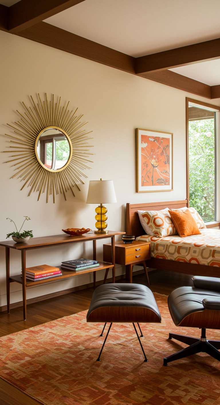 Gouden sunburst spiegel boven een houten dressoir in mid-century stijl slaapkamer.