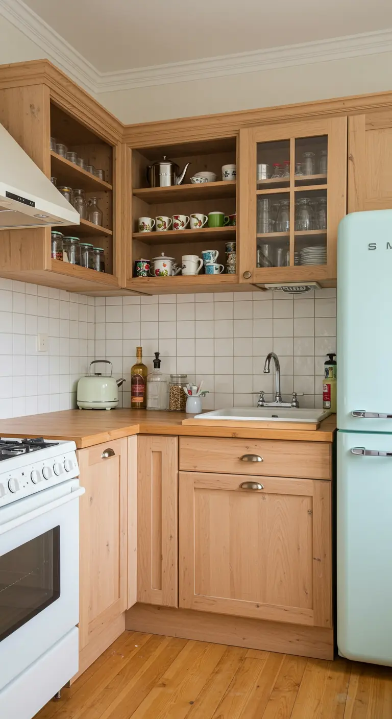 Licht houten keuken met open schappen, pastelblauwe retro koelkast en witte tegels.