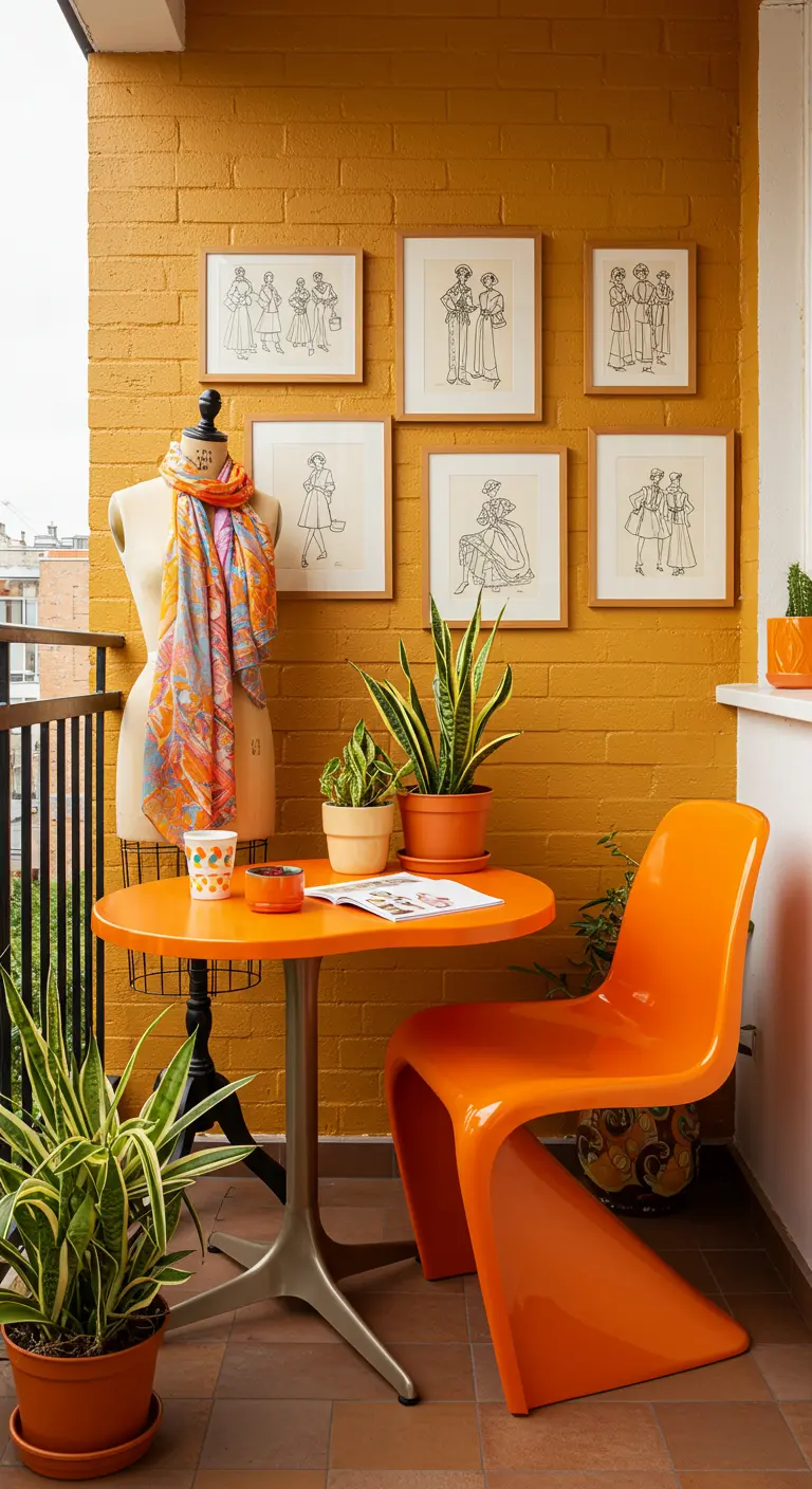Balkon in retrostijl met okergele muur, oranje meubels, modeschetsen en een paspop.