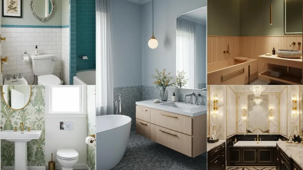 Een collage van badkamers met retrotegels en Art Deco accenten, elk met unieke vintage-vibes.