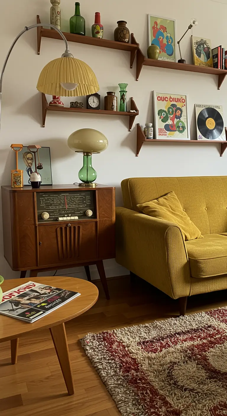 Vintage radiomeubel naast een mosterdgele bank met retro accessoires.