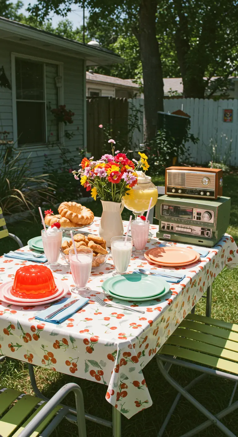 Retro picknicktafel in achtertuin met kersenprint tafelkleed, vintage radio en milkshakes.