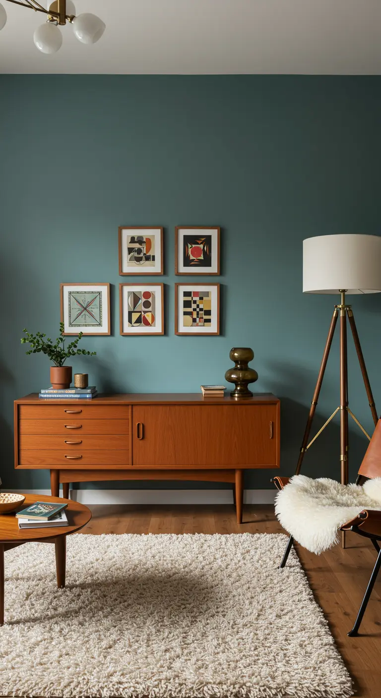 Galerijwand met vijf vintage-stijl prints boven een houten dressoir tegen een groenblauwe muur.