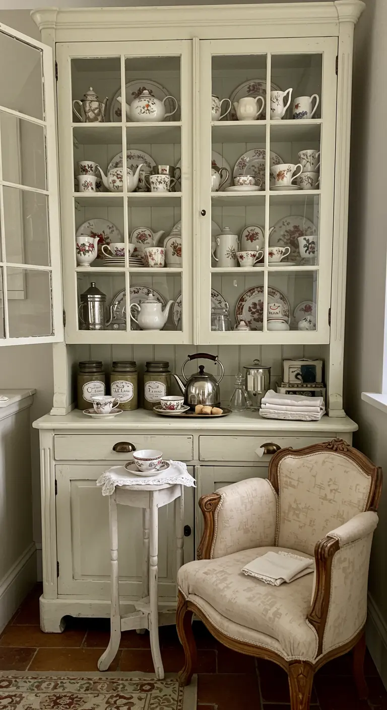 Vintage theehoek met witte servieskast, antieke stoel en gedekte tafel.