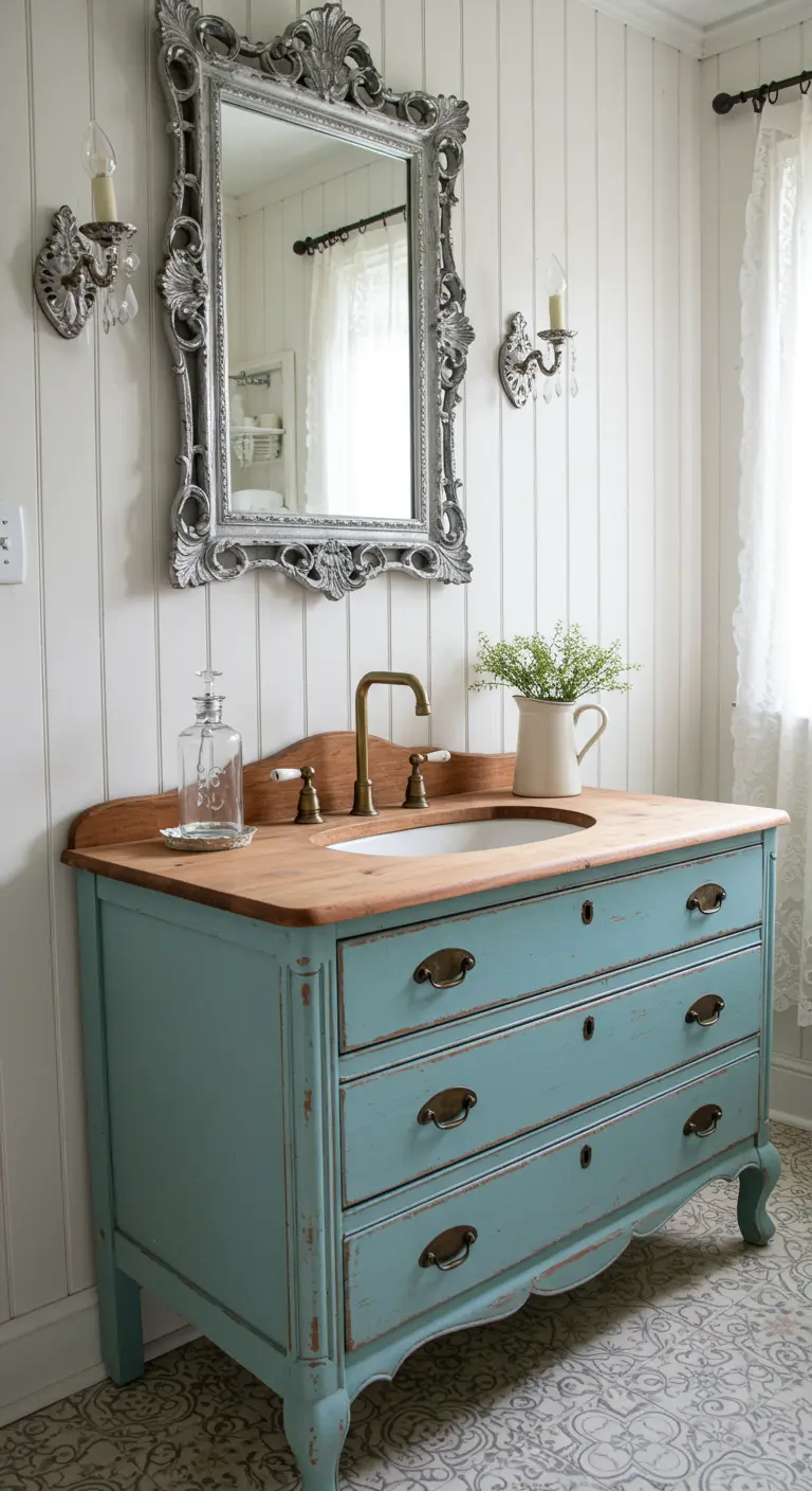 Vintage blauwe commode omgebouwd tot wastafelmeubel met houten blad en sierlijke spiegel.