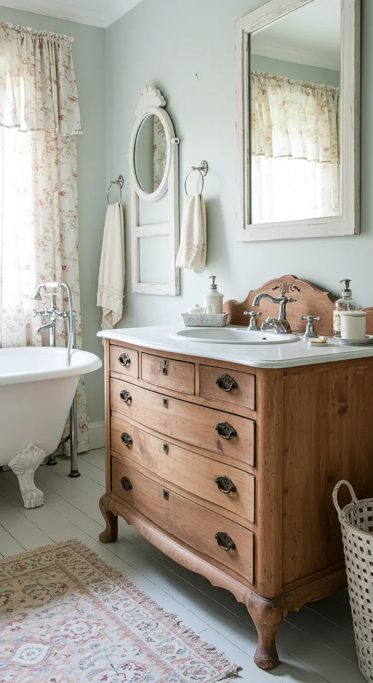 Vintage houten commode omgebouwd tot wastafelmeubel in een landelijke badkamer.