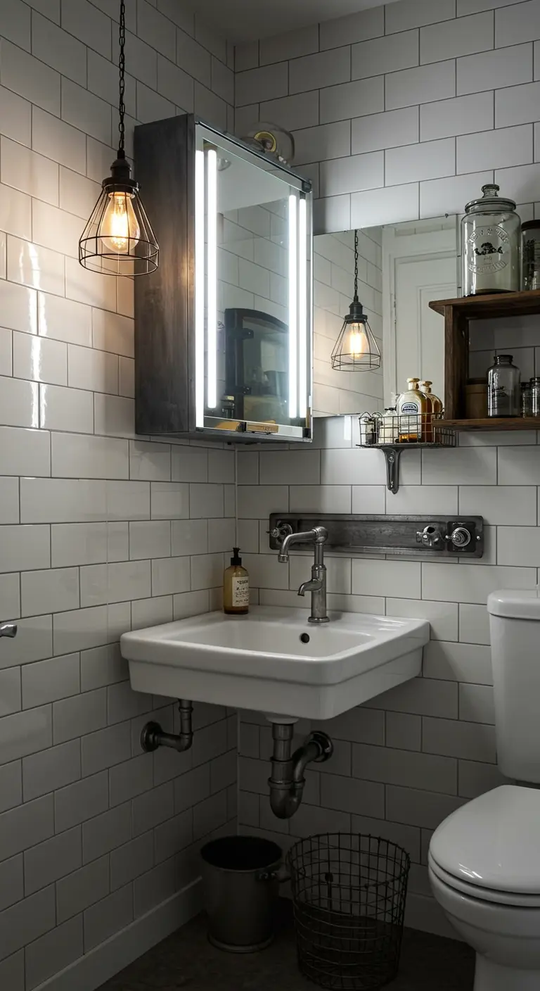 Badkamer met metrotegels en een industriële medicijnkast met ingebouwde verlichting.