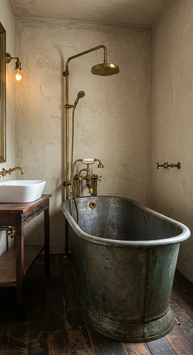 Wabi-sabi badkamer met een verweerd metalen bad, messing kranen en donkere houten vloer.