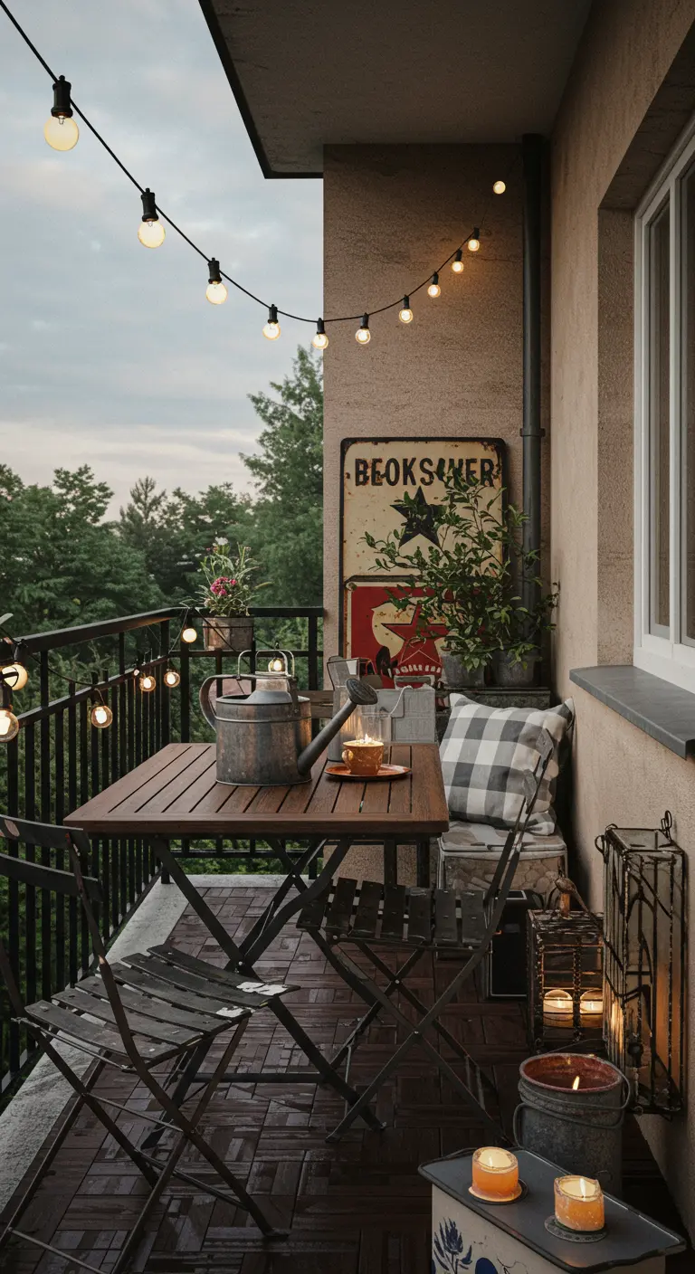 Industrieel balkon met houten klapstoelen, vintage bord en veel kaarslicht.