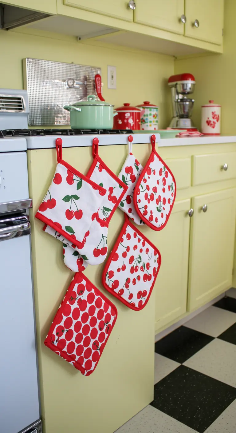 Retro gele keuken met een verzameling pannenlappen met kersenprint aan de zijkant van een kast.