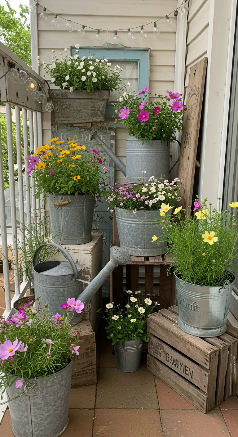 Verzameling zinken emmers en gieters gevuld met kleurrijke zomerbloemen, gestapeld op houten kistjes.