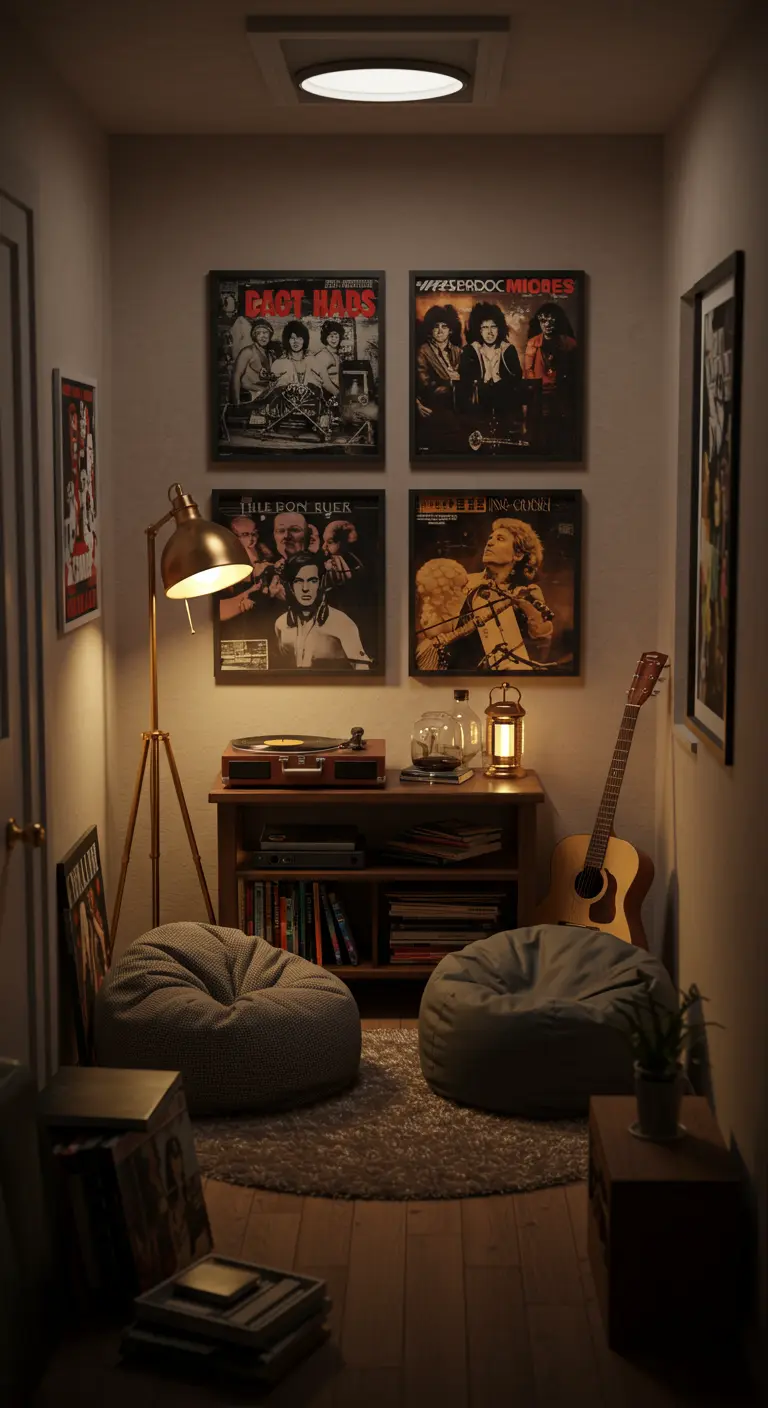 Vier vintage muziekposters in een grid boven een platenspeler en zitzakken.