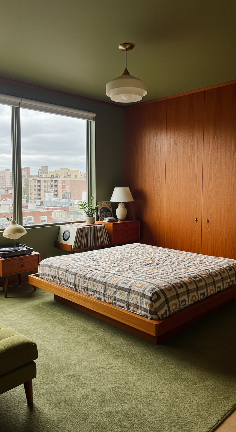 Mid-century modern slaapkamer met platenspeler en houten meubels.