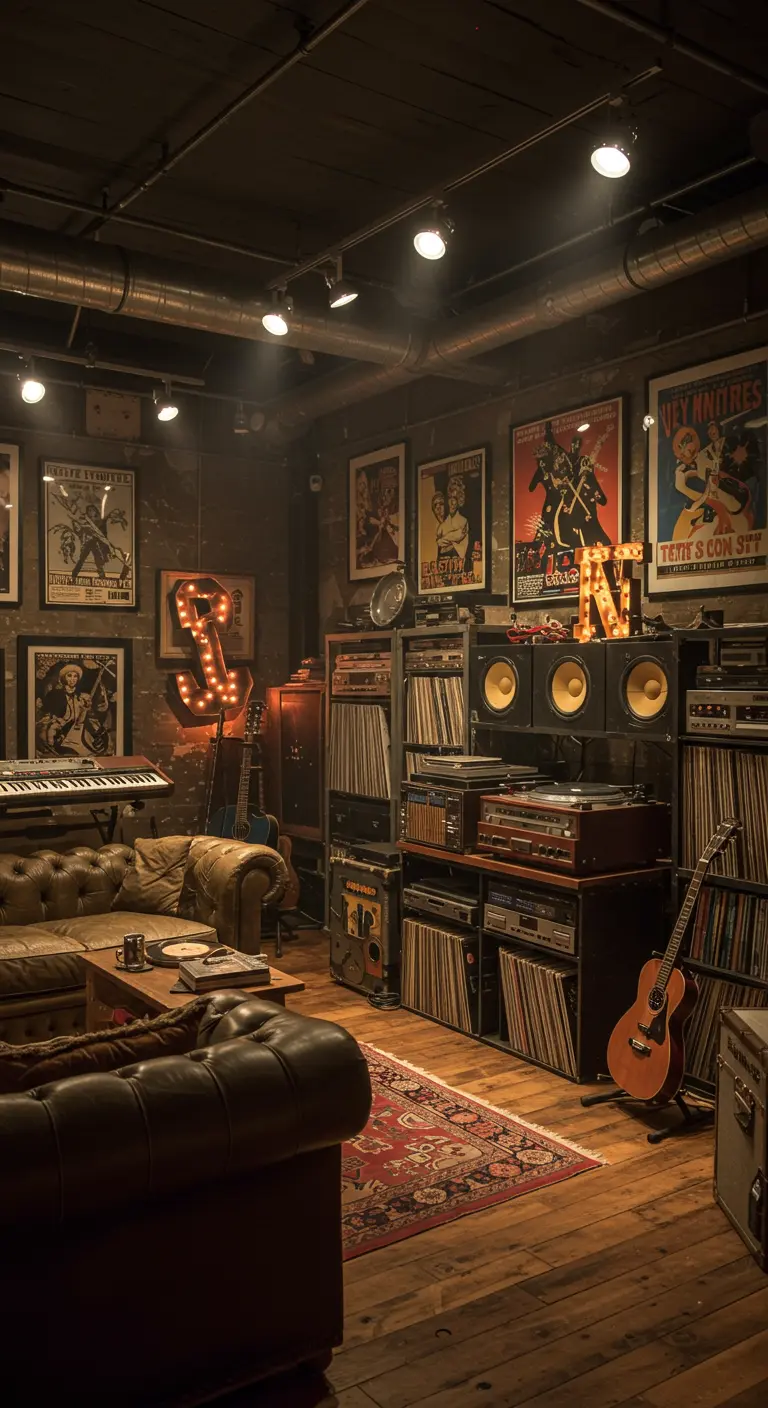 Eclectische woonkamer met leren bank, muziekposters, platencollectie en gitaren.