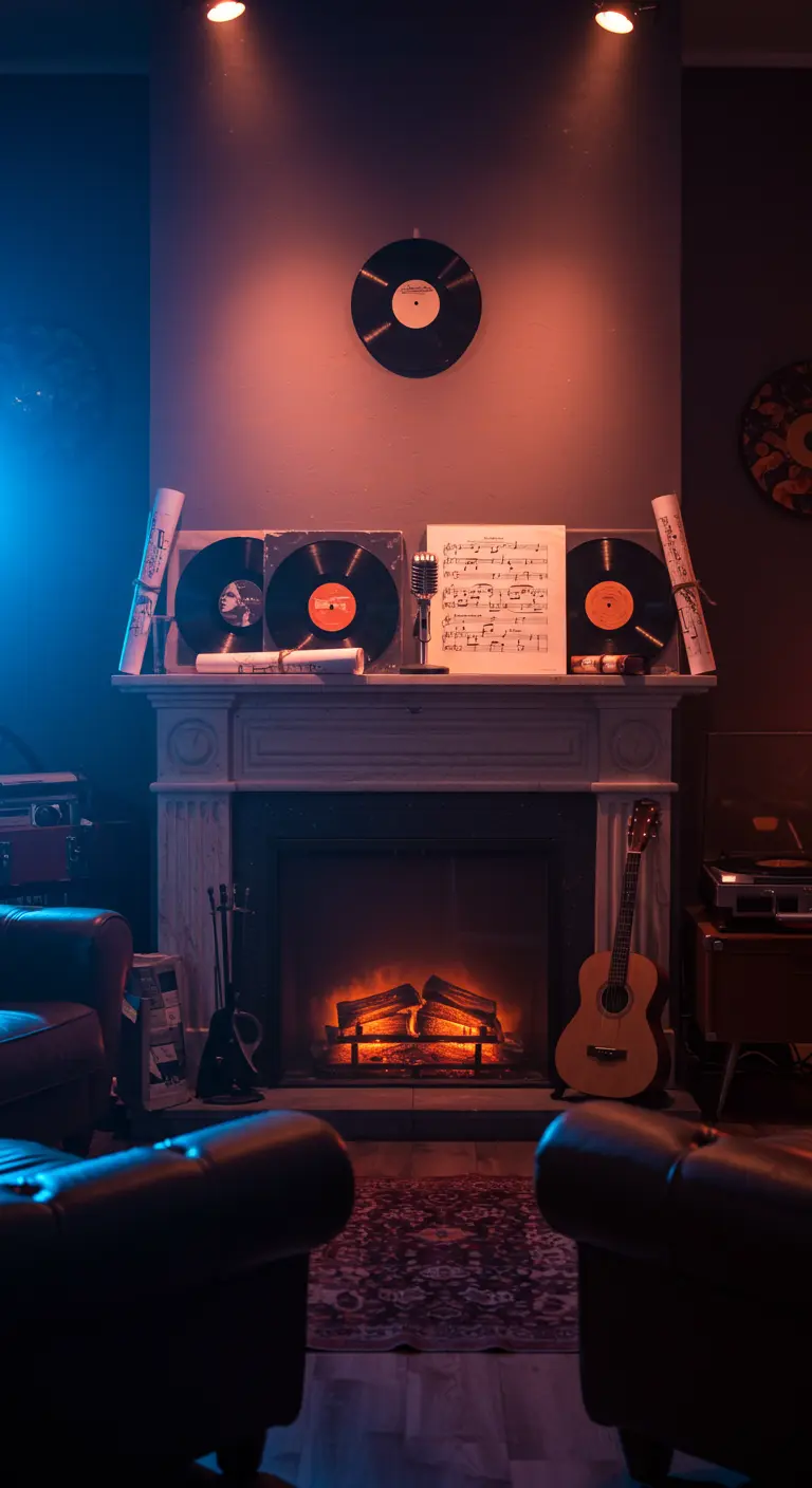 Open haard gestyled met vinylplaten, een gitaar en bladmuziek voor een muziekthema.