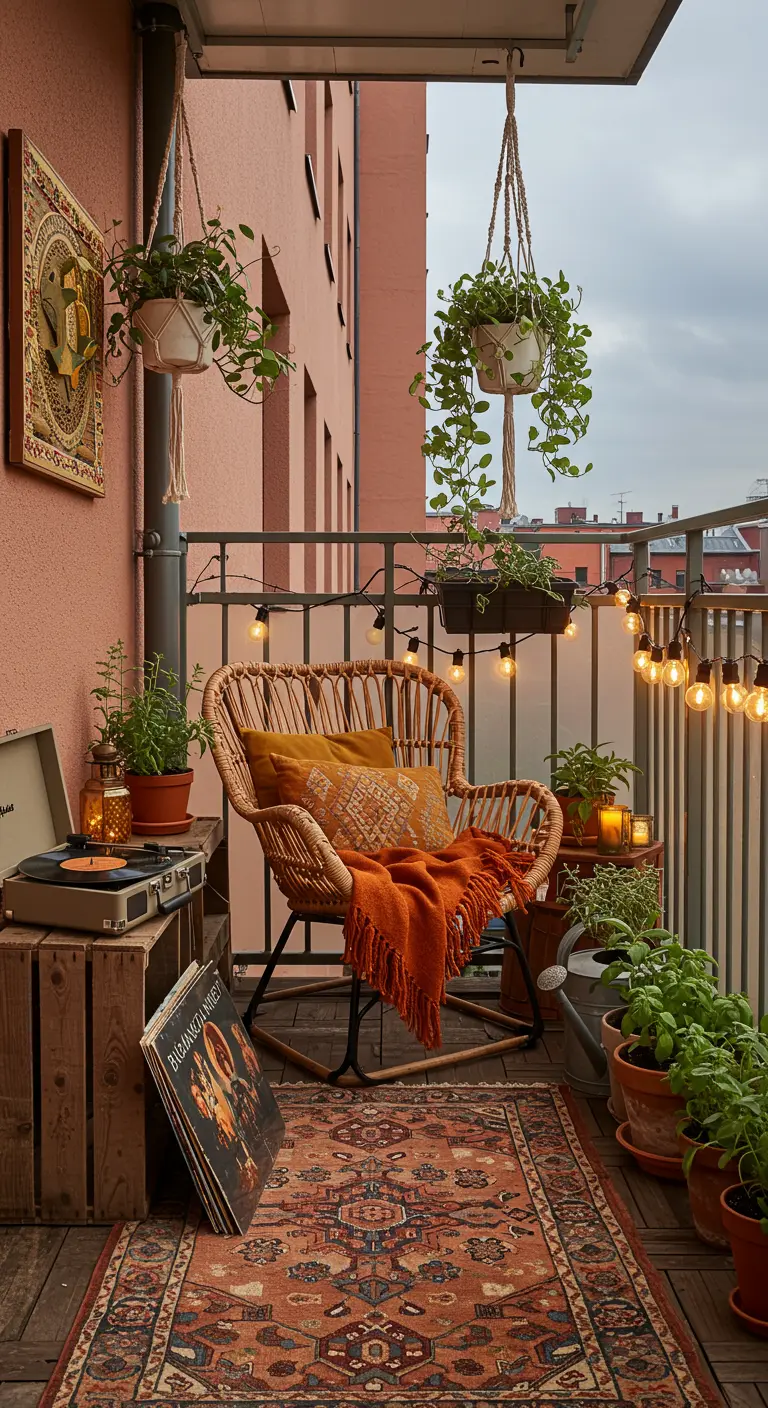 Gezellig balkon met rieten stoel, platenspeler, hangplanten en warme verlichting.