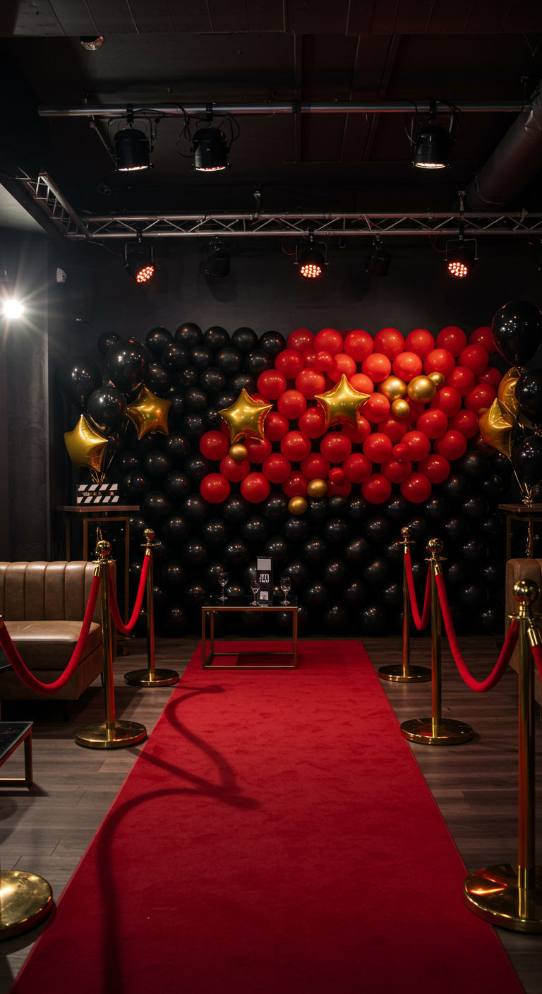 Rode loper entree met een ballonnenwand in zwart, rood en goud.