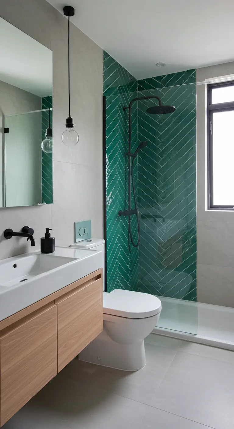 Moderne badkamer met groene visgraattegels in douche, houten meubel en zwarte kranen.