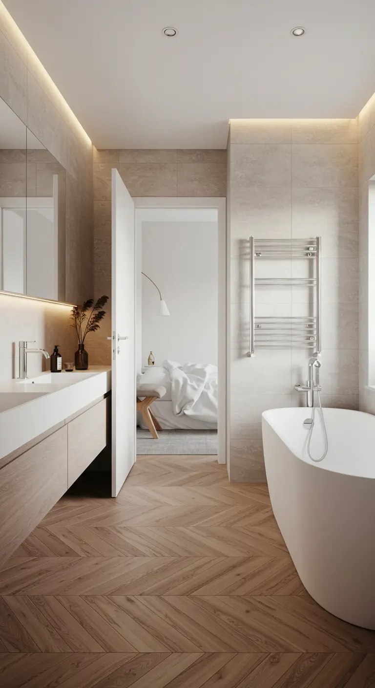 En suite badkamer met houtlook visgraat tegelvloer en licht bad.