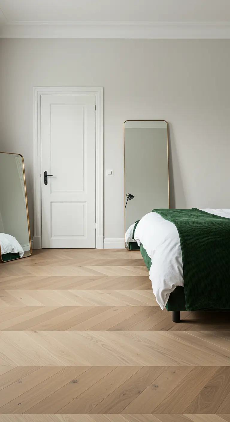 Slaapkamer met lichte visgraat houten vloer en donkergroen velours sprei.