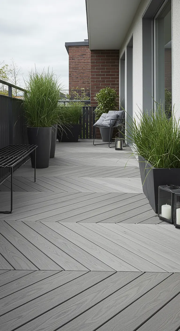 Modern balkon met grijze composiet vlonderplanken in visgraatpatroon en grote plantenbakken.